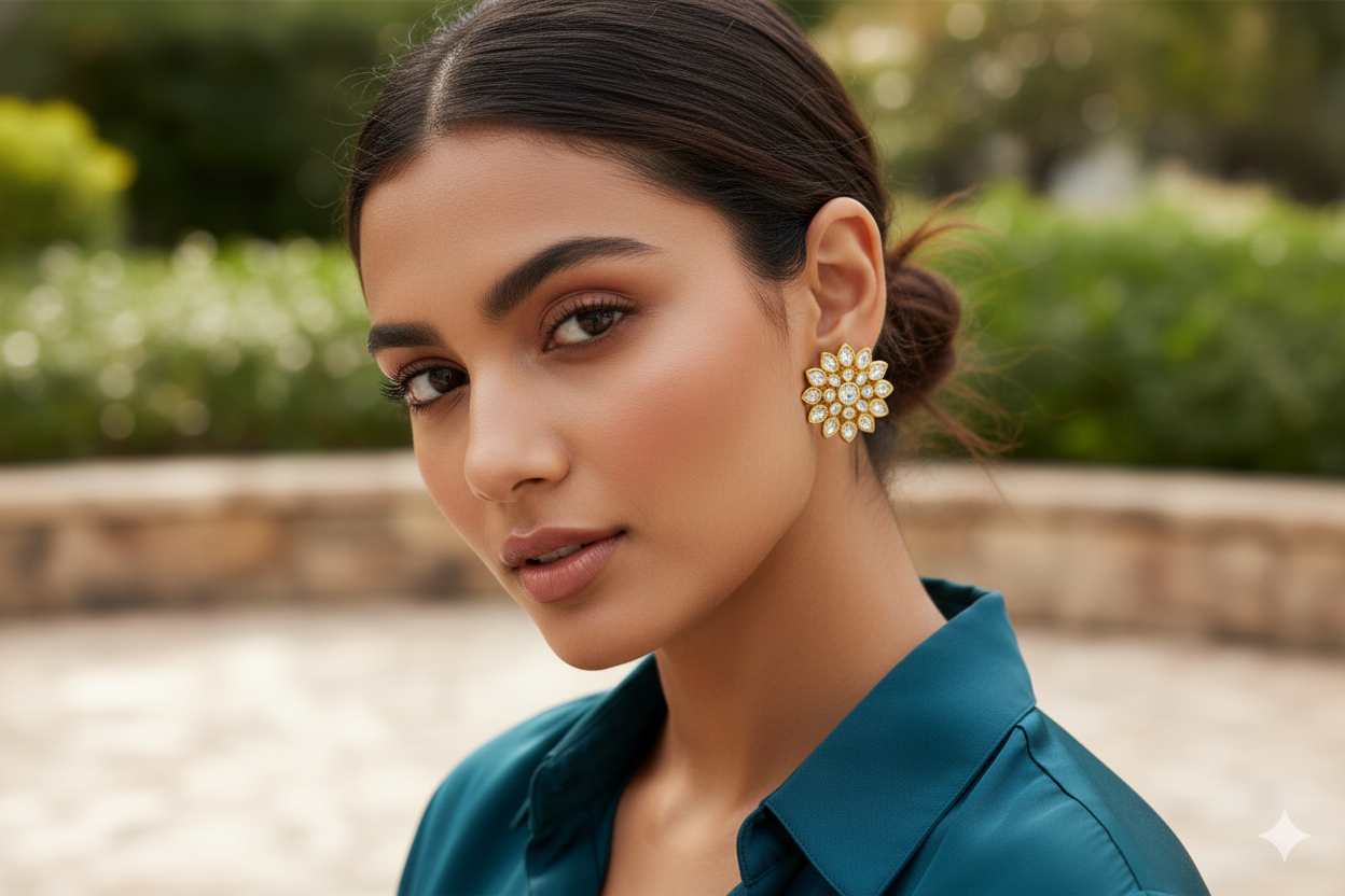 Elegant Sunflower Design Gold Earrings – Adorned with Shimmering White Crystals