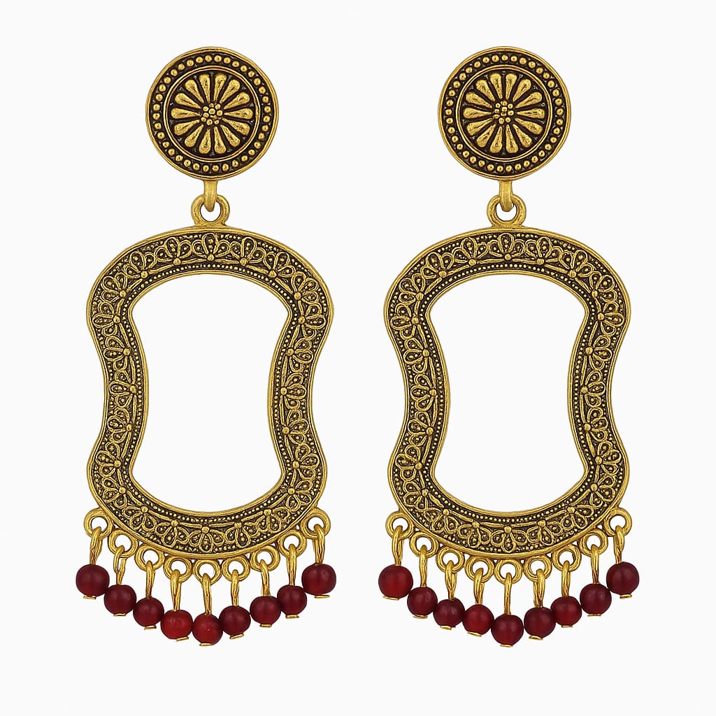 Vintage Inspired Gold-Tone Dangle Earrings – Boho Chic with Red Beads