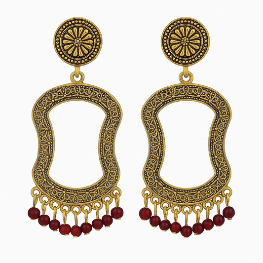 Vintage Inspired Gold-Tone Dangle Earrings – Boho Chic with Red Beads