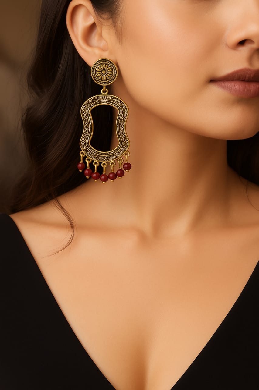 Vintage Inspired Gold-Tone Dangle Earrings – Boho Chic with Red Beads
