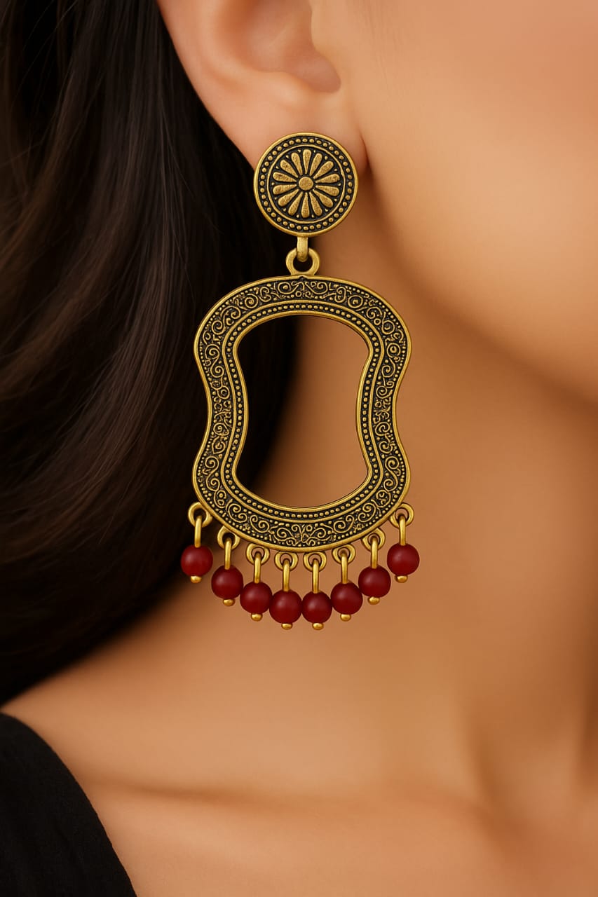 Vintage Inspired Gold-Tone Dangle Earrings – Boho Chic with Red Beads