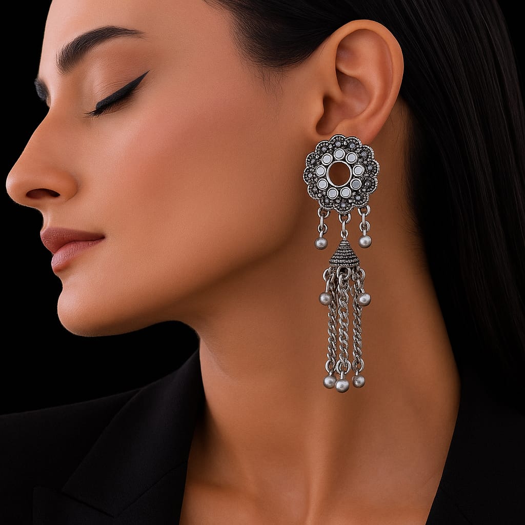 Elegant Sunflower Design Silver Earrings – Adorned with Shimmering White Crystals