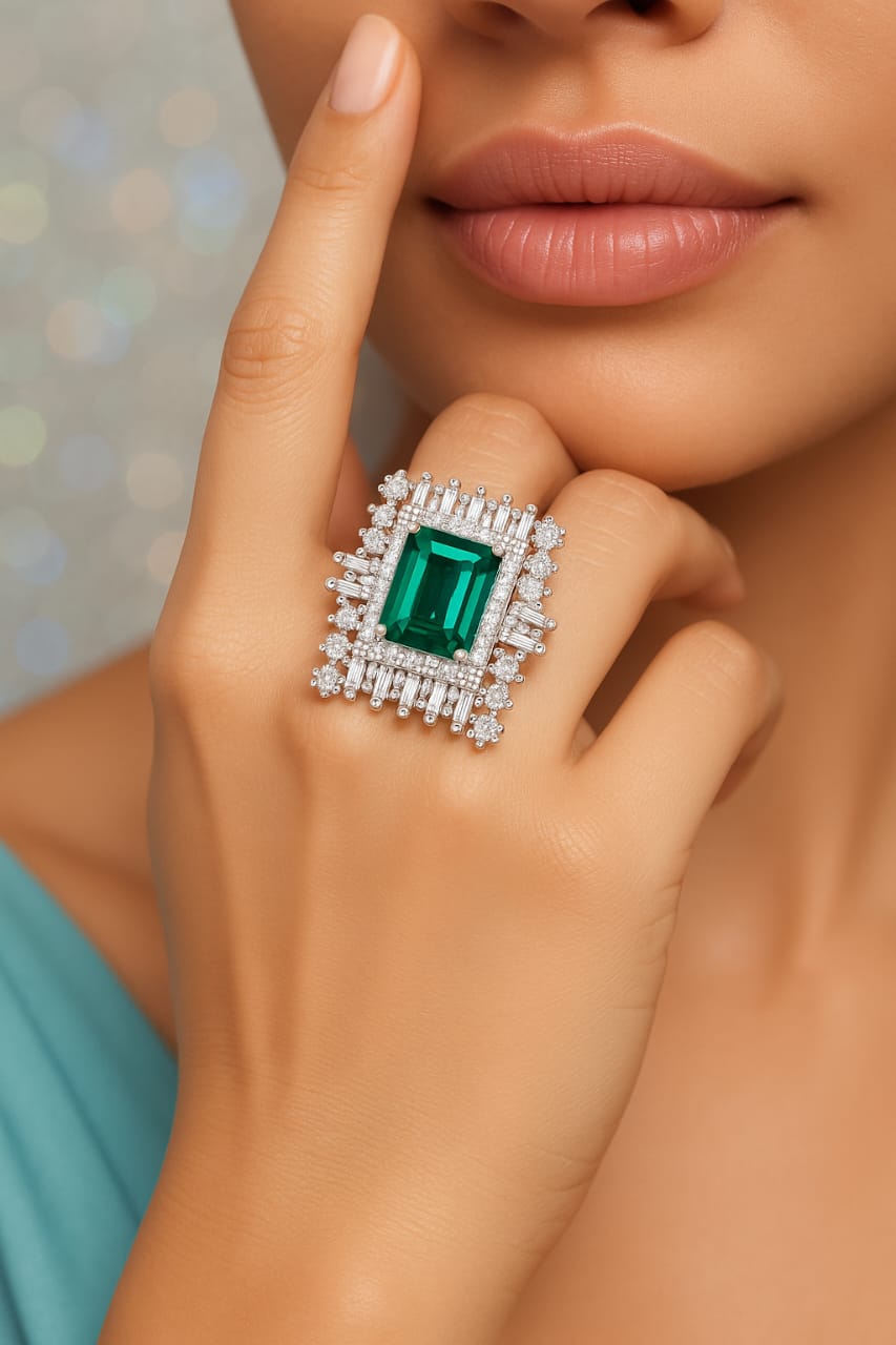 Emerald Majesty Statement Ring – Enchanting Green Radiance Framed in Sparkling Brilliance"