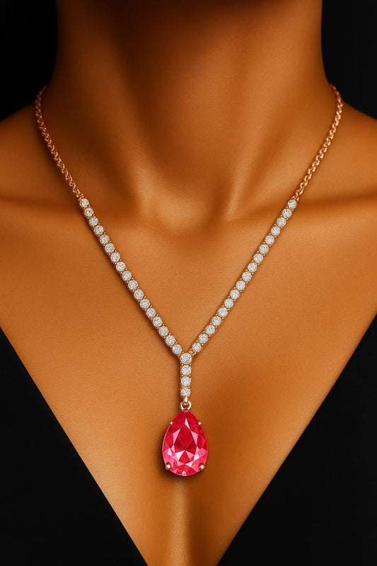 Elegant Pink Teardrop Crystal Necklace & Earring Set – Sparkling Rose Gold Finis