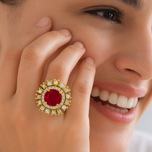 "Royal Radiance Ruby Statement Ring – Dazzling Halo of Brilliance and Luxury Charm"