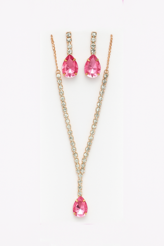 Elegant Pink Teardrop Crystal Necklace & Earring Set – Sparkling Rose Gold Finis