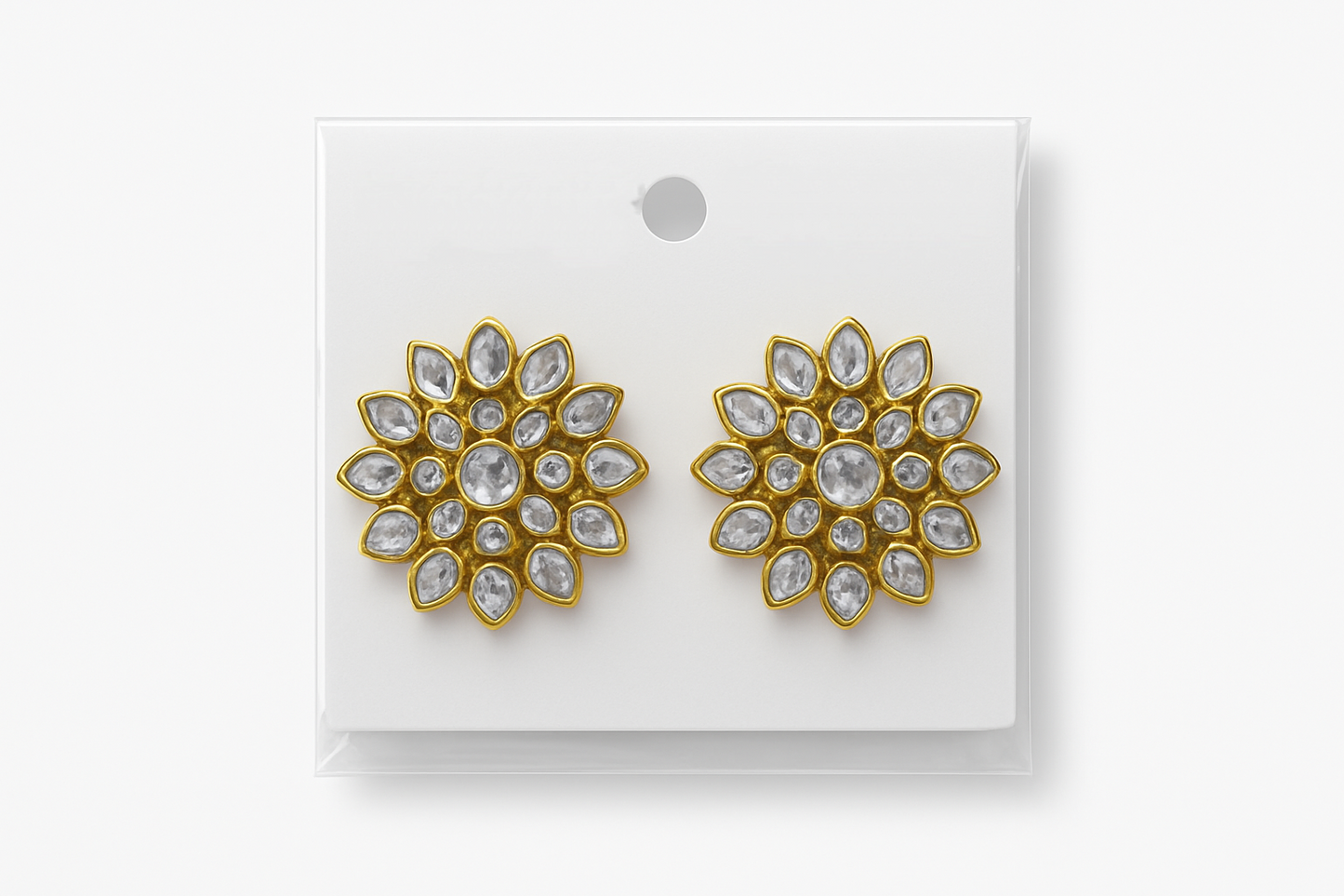 Elegant Sunflower Design Gold Earrings – Adorned with Shimmering White Crystals