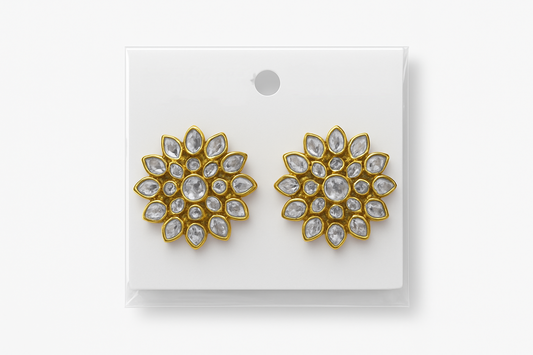 Elegant Sunflower Design Gold Earrings – Adorned with Shimmering White Crystals