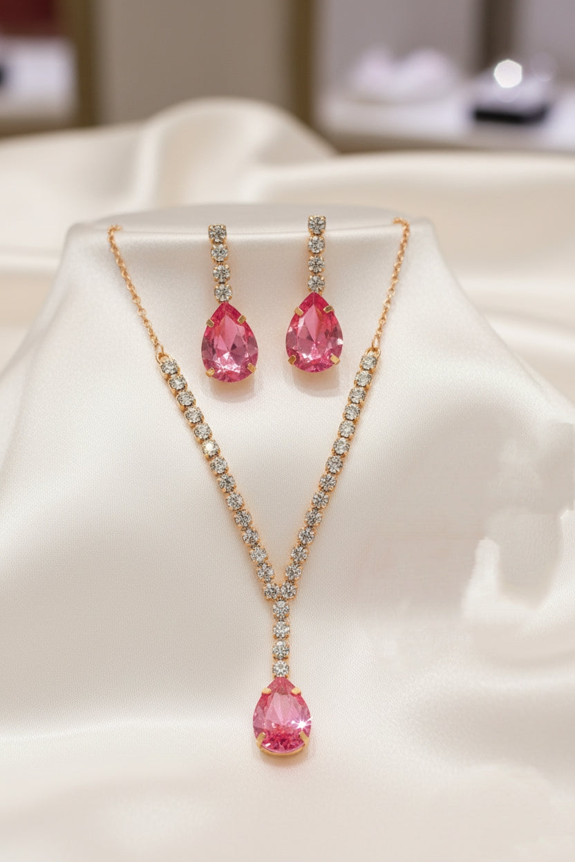 Elegant Pink Teardrop Crystal Necklace & Earring Set – Sparkling Rose Gold Finis