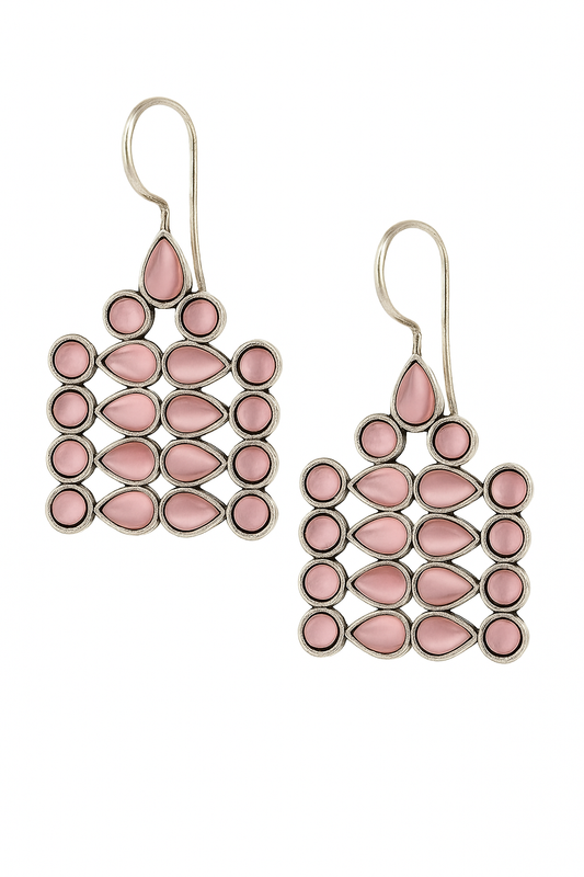 Designer Silver Drop Earrings – Unique Geometric Pattern with Pink Stones