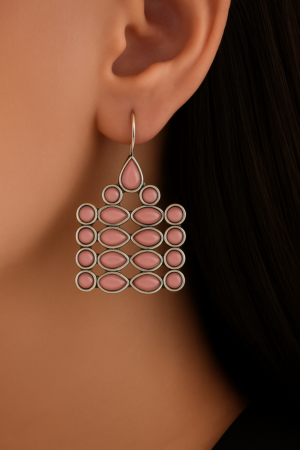 Designer Silver Drop Earrings – Unique Geometric Pattern with Pink Stones