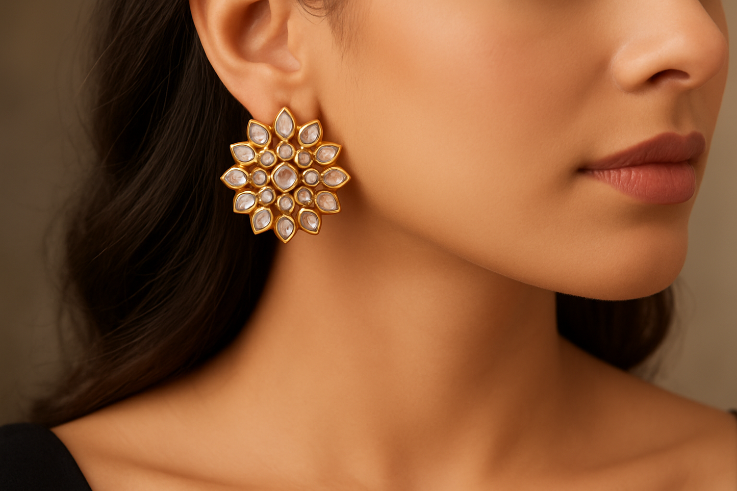 Elegant Sunflower Design Gold Earrings – Adorned with Shimmering White Crystals