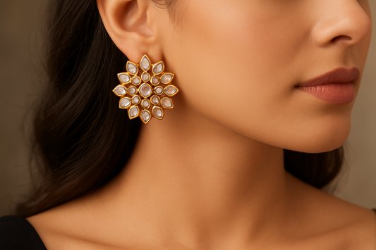 Elegant Sunflower Design Gold Earrings – Adorned with Shimmering White Crystals