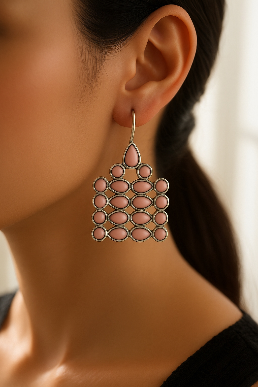 Designer Silver Drop Earrings – Unique Geometric Pattern with Pink Stones