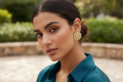Elegant Sunflower Design Gold Earrings – Adorned with Shimmering White Crystals