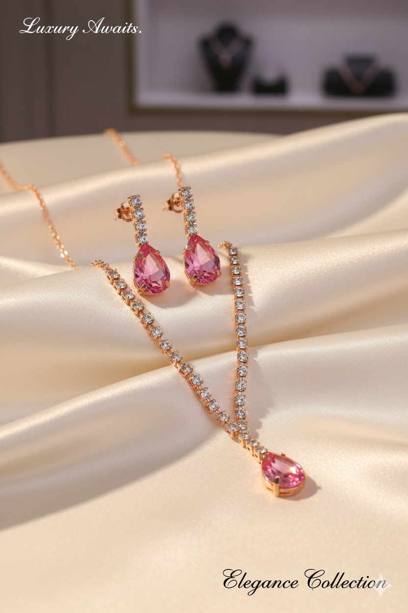 Elegant Pink Teardrop Crystal Necklace & Earring Set – Sparkling Rose Gold Finis