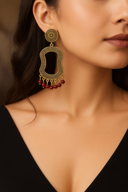 Vintage Inspired Gold-Tone Dangle Earrings – Boho Chic with Red Beads