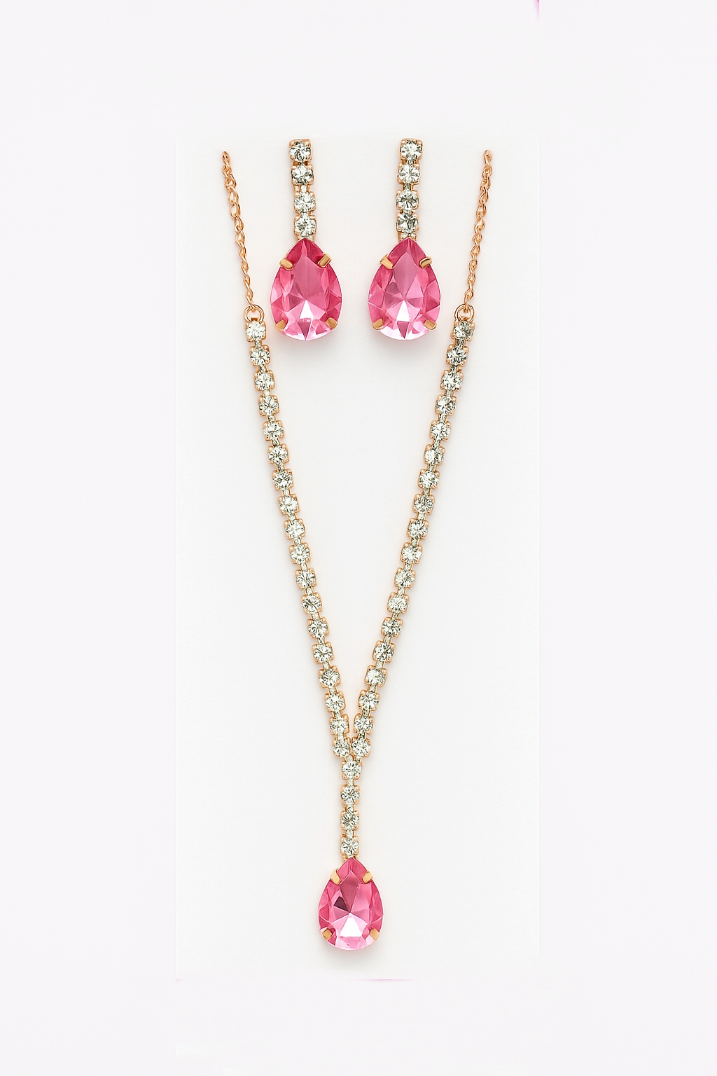 Elegant Pink Teardrop Crystal Necklace & Earring Set – Sparkling Rose Gold Finis
