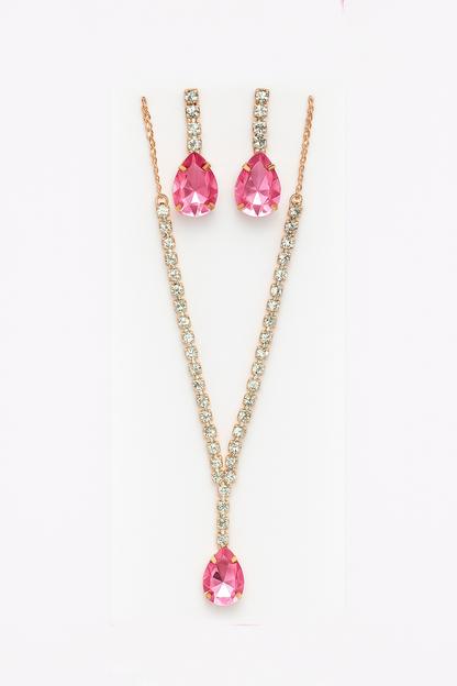 Elegant Pink Teardrop Crystal Necklace & Earring Set – Sparkling Rose Gold Finis