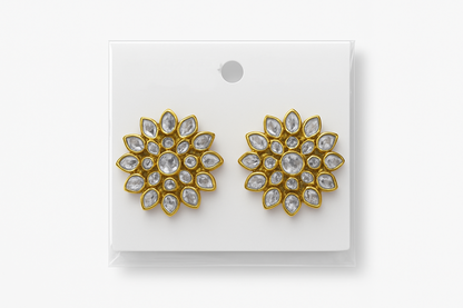 Elegant Sunflower Design Gold Earrings – Adorned with Shimmering White Crystals