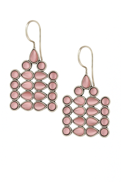 Designer Silver Drop Earrings – Unique Geometric Pattern with Pink Stones
