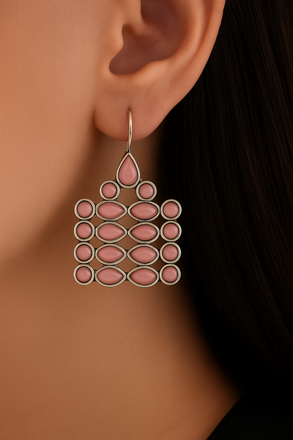 Designer Silver Drop Earrings – Unique Geometric Pattern with Pink Stones