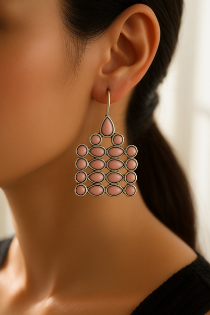 Designer Silver Drop Earrings – Unique Geometric Pattern with Pink Stones